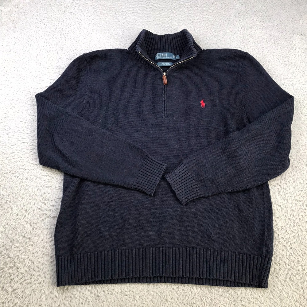 Polo Ralph Lauren 1/4 Zip Sweater Vest Mens L Navy Cotton Knit Pullover *Flaw